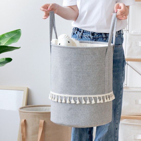Simple, Tianshan cotton and linen laundry bin, large, thickened, foldable, portable toy, snack, and miscellaneous storage basket.