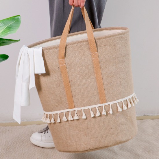 Simple, Tianshan cotton and linen laundry bin, large, thickened, foldable, portable toy, snack, and miscellaneous storage basket.