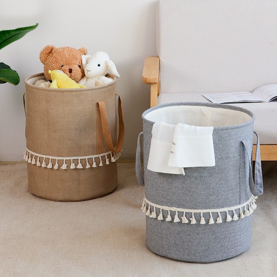 Simple, Tianshan cotton and linen laundry bin, large, thickened, foldable, portable toy, snack, and miscellaneous storage basket.