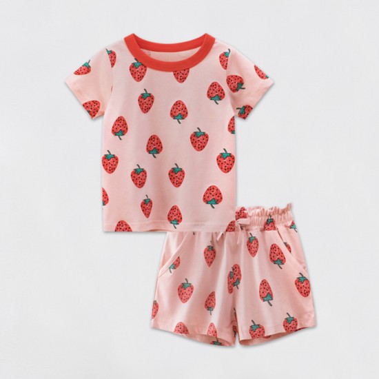 New summer children's suits, stylish printed short-sleeved shorts, baby girls' strawberry print two-piece suits