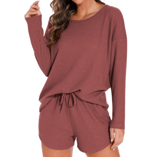 Waffle knit women's pajama set with long-sleeved top and short pants for a casual outfit that can be worn outside