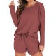 Waffle knit women's pajama set with long-sleeved top and short pants for a casual outfit that can be worn outside