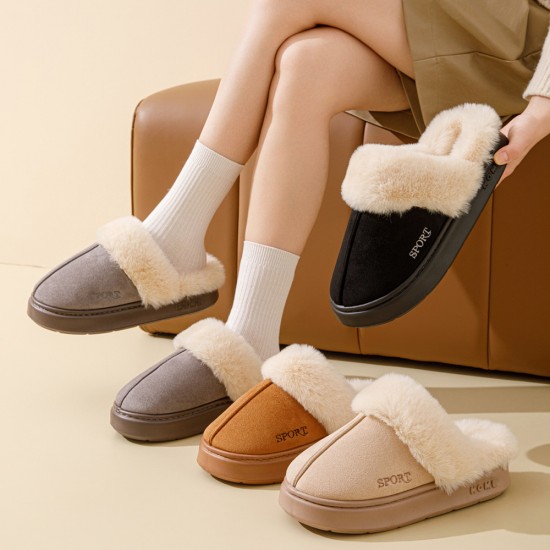 Unisex cotton slippers with plush fur for warmth and thick soles