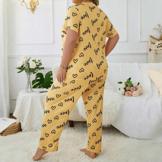 Temu cross-border European style plus-size home wear with enlarged and padded heart round-neck short-sleeved pants pajama set for women that can be worn outside