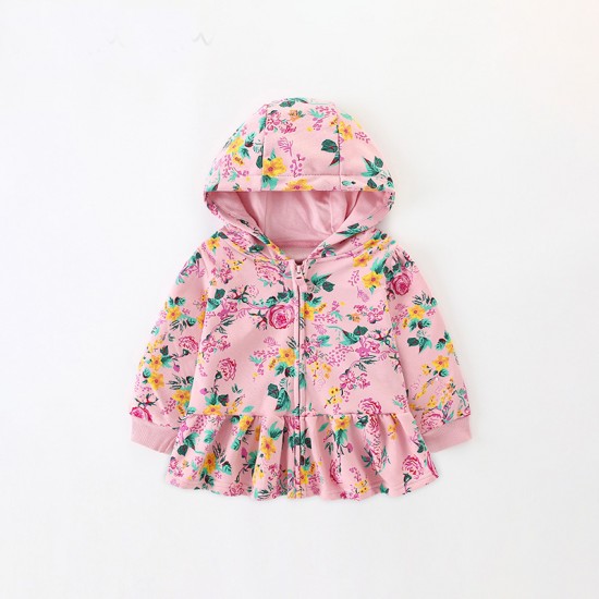 Girls' autumn jackets, new European and American style, terry cotton hooded zippered long-sleeved sweatshirts for small and medium-sized children.