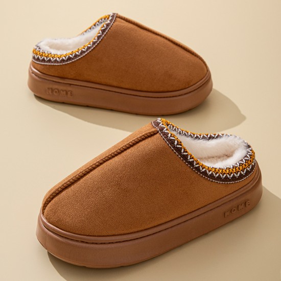 Best-selling unisex lace-trimmed cotton slippers with plush fur for warmth and warmth.