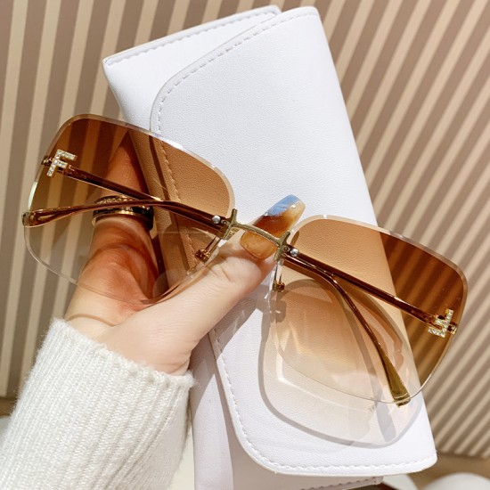 New cross-border metal rimless sunglasses for women, European and American fashion glasses, letter F diamond-studded square large-frame sunglasses for women