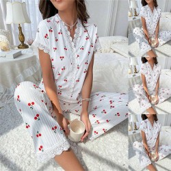 Cross-border best-selling women's home wear with cherry print water-soluble embroidery edges, short-sleeved pants that can be worn outside, women's casual pajamas