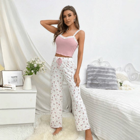 Cross-border trendy sleepwear set for women, summer floral printed long-sleeved pants, European-style women's pajamas with elastic and comfortable fit Cross-border best-selling European-style autumn and winter home wear, sexy and casual fashionable long-s