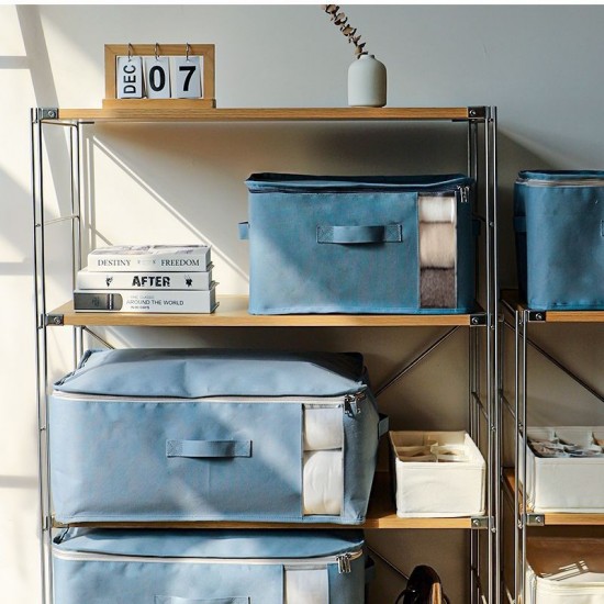 Japanese-Style Fabric Storage Box, Foldable Clothes and Quilt Storage Box with Window, Large-Capacity Drawstring Storage Basket