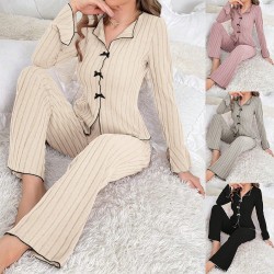 Cross-border autumn and winter European-style home wear, heart-shaped printed lapel pajama set for women, long-sleeved pants that can be worn outside, two-piece set