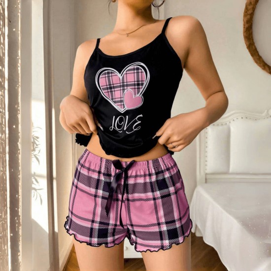 Best-selling cross-border lace pajamas set with floral pattern, three-piece set with halter short pants, sexy women's home wear