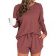 Waffle knit women's pajama set with long-sleeved top and short pants for a casual outfit that can be worn outside