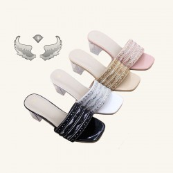 2025 new foreign trade direct sales, fashionable rhinestone outerwear, chunky heels, wholesale ladies' slippers