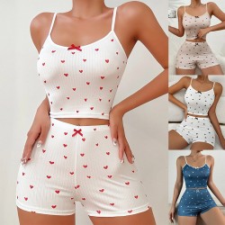 Cross-border European style sexy and fashionable home wear with long-sleeved pants for women with heart-shaped printed patterns and elastic, two-piece set for women that can be worn outside