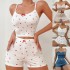 Cross-border European style sexy and fashionable home wear with long-sleeved pants for women with heart-shaped printed patterns and elastic, two-piece set for women that can be worn outside