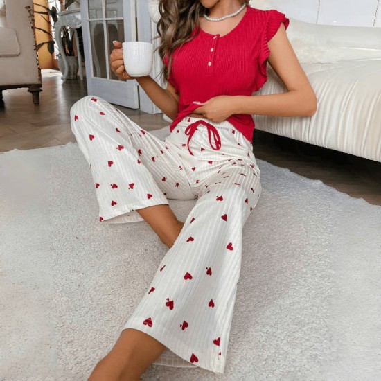 Cross-border women's home wear with heart patterns in European style, short-sleeved pants with small flaps and cuffs, two-piece set with a flowery pattern for casual and comfortable home wear