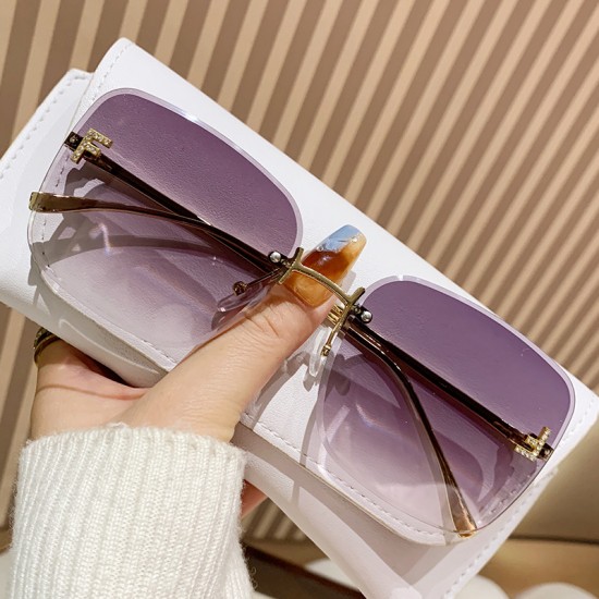 New cross-border metal rimless sunglasses for women, European and American fashion glasses, letter F diamond-studded square large-frame sunglasses for women