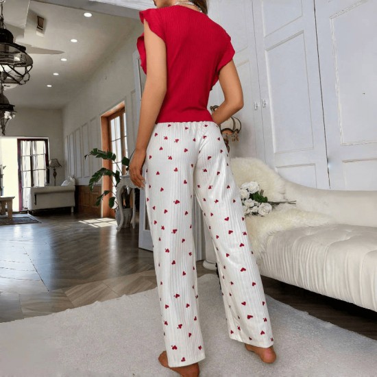 Cross-border women's home wear with heart patterns in European style, short-sleeved pants with small flaps and cuffs, two-piece set with a flowery pattern for casual and comfortable home wear
