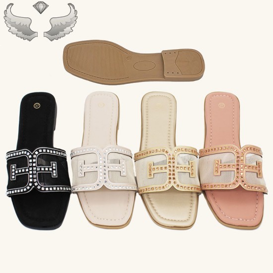 Cape Verde cross-border diamond-studded flat slippers, women's summer square-toed casual flip-flops.