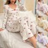 Cross-border Amazon European style pajama set for women with butterfly knot long pants and long-sleeved set with printed patterns and elastic for comfortable and casual home wear
