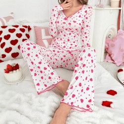New cross-border home wear with heart patterns in European style, long-sleeved pants with elastic and flowery patterns, two-piece set for women's pajamas that can be worn outside