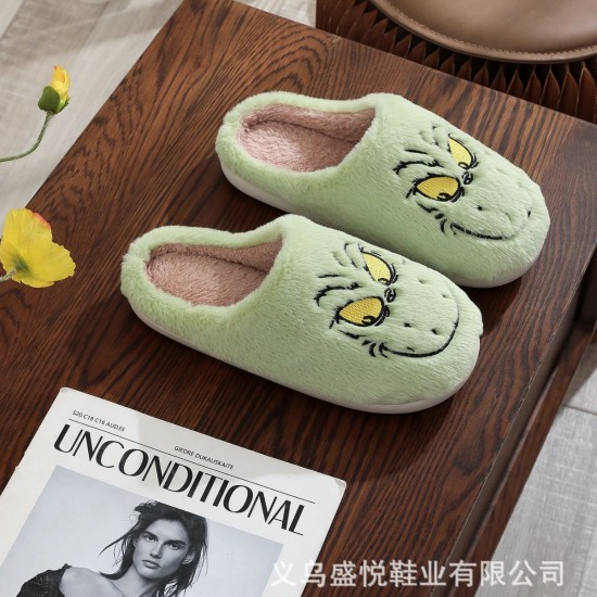 Cross-border Christmas funny Green Grinch fur slippers, comfortable and warm cotton slippers for winter couples, plush slippers.