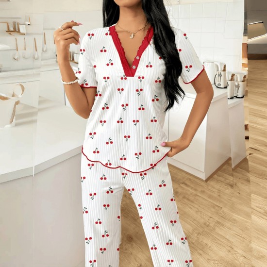 European-style cross-border best-selling home wear with heart-shaped print halter back pants, two-piece set with elastic long-sleeved pants, fashionable and sexy women's home wear