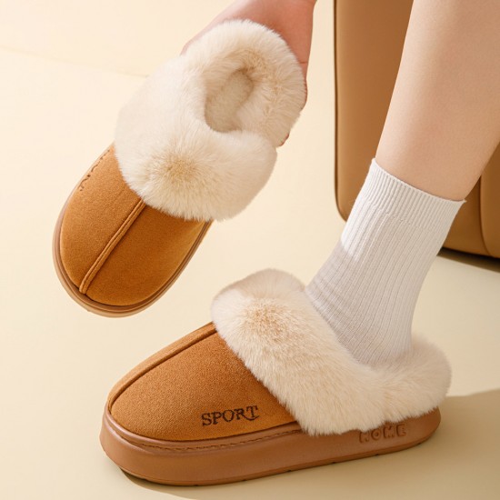 Unisex cotton slippers with plush fur for warmth and thick soles