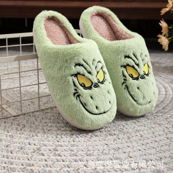 Cross-border Christmas funny Green Grinch fur slippers, comfortable and warm cotton slippers for winter couples, plush slippers.
