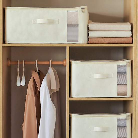 Japanese-Style Fabric Storage Box, Foldable Clothes and Quilt Storage Box with Window, Large-Capacity Drawstring Storage Basket