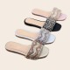 Yiwu factory wholesale of fashionable summer rhinestone flat sandals, light luxury square-toe women's slippers.