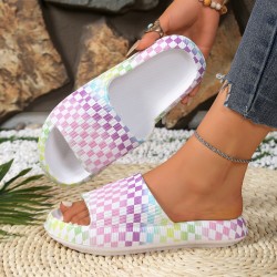 Summer comfortable thick-soled plaid print sandals, couples' slippers for both home and outdoor use Men's and women's matching EVA slippers