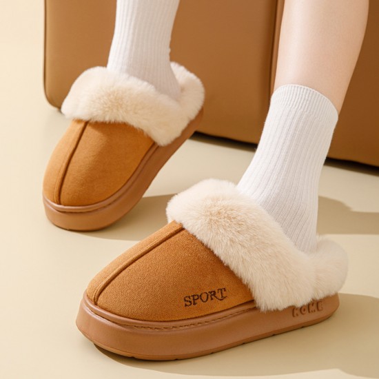 Unisex cotton slippers with plush fur for warmth and thick soles