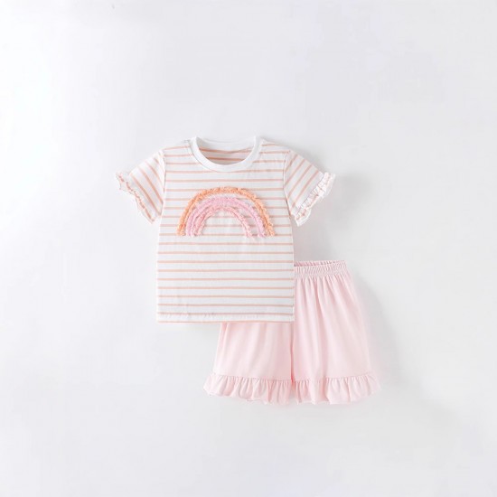 New summer styles for girls, including 2025 new short-sleeved children's summer striped T-shirts, stylish thin two-piece suits.