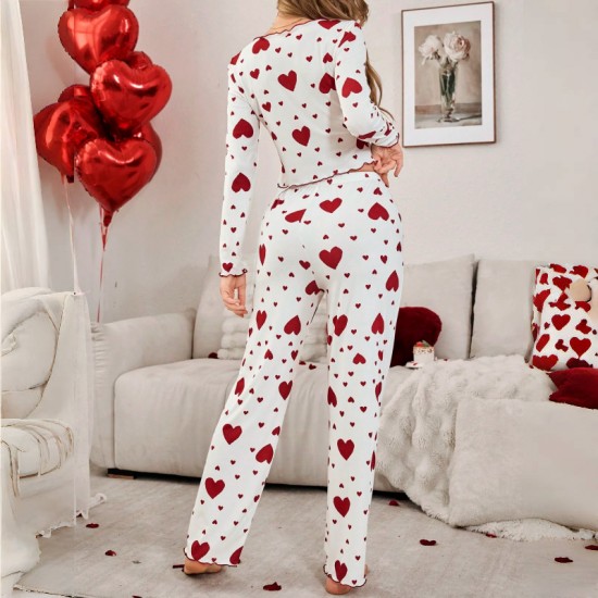 Two-piece set of autumn-winter cross-border home wear with heart-shaped printed lapel pajama set for women in European style that can be worn outside