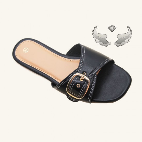 Wholesale women's slippers, casual flat slippers, fashionable buckle-strap slippers.