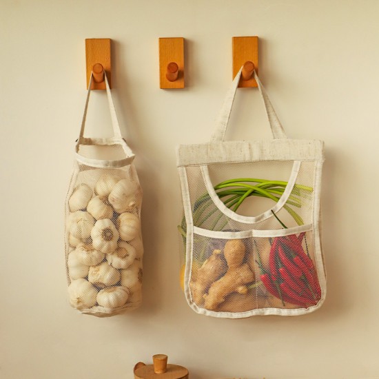 Mesh breathable wall-mounted storage bag for ginger and garlic, cotton and linen thickened mesh bag, large-capacity kitchen fruit and vegetable moisture-proof hanging bag