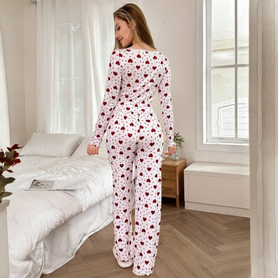 New cross-border homewear with heart patterned pajamas, heart-shaped long-sleeved pants set, can be worn as outerwear for European and American ladies' pajamas.