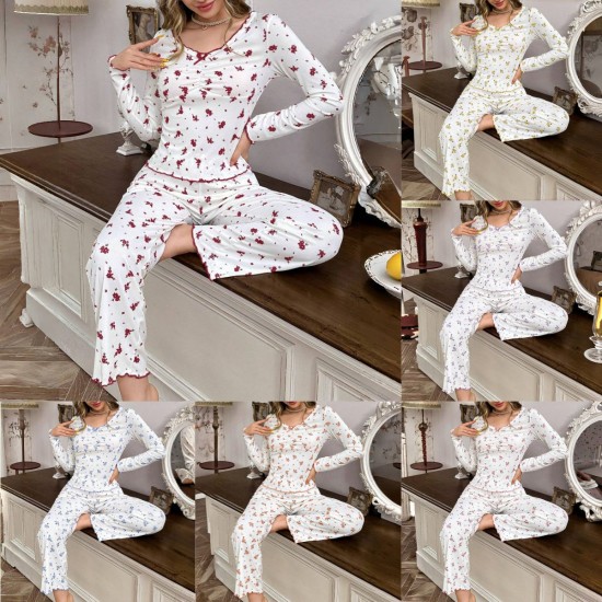 Cross-border best-selling European-style autumn-winter home wear for women, featuring sexy and casual fashion long-sleeved pants and pajama sets. Women's pajamas for summer with European-style letter patterns, short-sleeved T-shirts with bow ties and shor