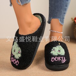 Cross-border Halloween embroidery patterns Green skull-printed, comfortable, warm cotton slippers for couples in winter.