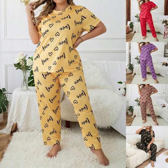 Temu cross-border European style plus-size home wear with enlarged and padded heart round-neck short-sleeved pants pajama set for women that can be worn outside
