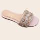 Yiwu factory wholesale of fashionable summer rhinestone flat sandals, light luxury square-toe women's slippers.