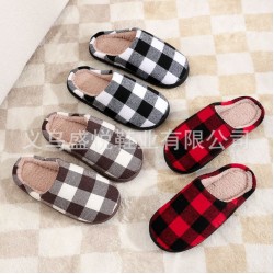Best-selling solid-color plaid cotton slippers for men and women, plush and warm for indoor use