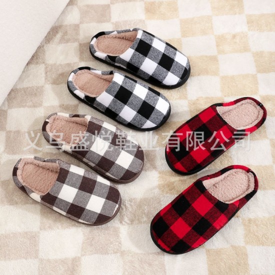 Best-selling solid-color plaid cotton slippers for men and women, plush and warm for indoor use