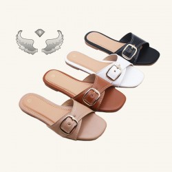 Wholesale women's slippers, casual flat slippers, fashionable buckle-strap slippers.