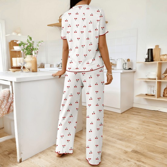 European-style cross-border best-selling home wear with heart-shaped print halter back pants, two-piece set with elastic long-sleeved pants, fashionable and sexy women's home wear