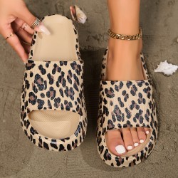 Best-selling cross-border style, poop-feel-like, thick-soled, indoor EVA leopard print slippers for couples with transfer patterns.