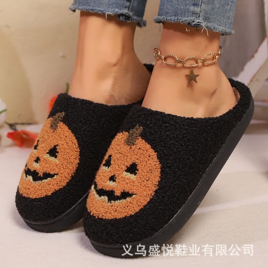 New Halloween pumpkin lantern ghost cotton slippers for men and women, wholesale winter cotton slippers.