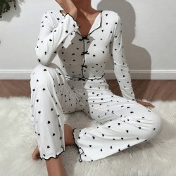 Cross-border best-selling home wear with heart patterns in European style, jacquard long-sleeved pants with a turned-up collar pajama set for women that can be worn outside